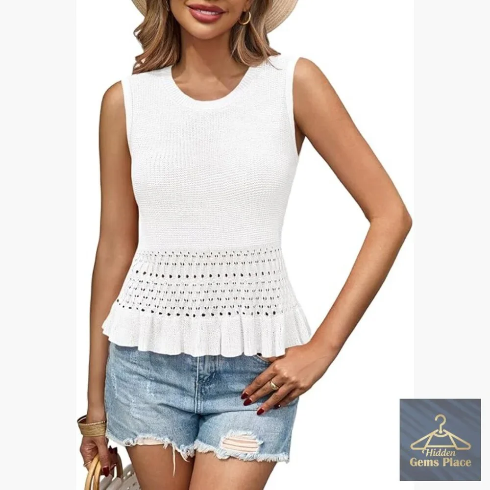 Crochet Crop Tank Top Sleeveless Crew Neck Ruffle Boho Knit Sweater Vest